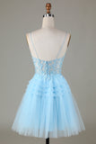 Blue A Line Glitter Cute Short Ball Dress with Appliques