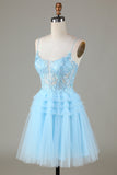 Blue A Line Glitter Cute Short Ball Dress with Appliques