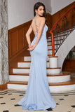 Sparkly Mermaid Spaghetti Straps Light Blue Ball Dress with Slit