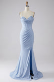 Light Blue Sparkly Mermaid Spaghetti Straps Corset Ball Dress with Slit
