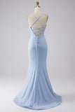 Light Blue Sparkly Mermaid Spaghetti Straps Corset Ball Dress with Slit