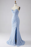 Light Blue Sparkly Mermaid Spaghetti Straps Corset Ball Dress with Slit