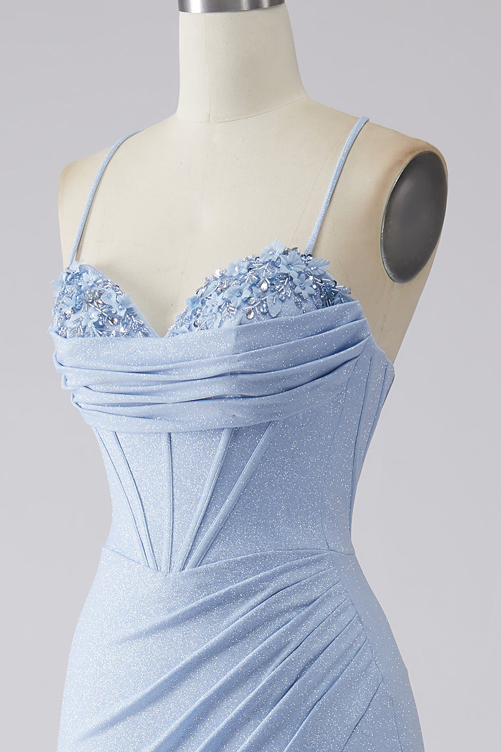 Light Blue Sparkly Mermaid Spaghetti Straps Corset Ball Dress with Slit