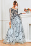 Light Blue Long Sleeves Beaded Evening Dress