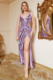 Sheath Spaghetti Straps Purple Sequins Plus Size Ball Dress with Split Front