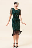 Sheath Round Neck Dark Green Beaded 1920s Flapper Dress with Tassel