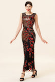 Sheath Round Neck Black Red Love Heart Beaded Long Flapper 1920s Dress