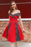 Off Shoulder Red Polka Dots 1950s Dress