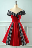 Off Shoulder Red Polka Dots Vintage 1950s Dress