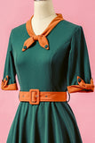 Green V Neck Patchwork Swing Party Vintage 1950s Dress