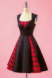 Black Patchwork Plaid V Neck Swing Party Dress