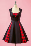 Black Patchwork Plaid V Neck Swing Party Dress