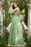 Green A-Line Off The Shoulder Long Sleeves Ball Dress