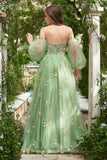 Green A-Line Off The Shoulder Long Sleeves Ball Dress
