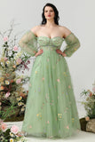 A Line Off the Shoulder Green Plus Size Ball Dress with Embroidery