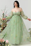 A Line Off the Shoulder Green Plus Size Ball Dress with Embroidery
