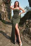 Sheath Strapless Olive Long Ball Dress with Split Front