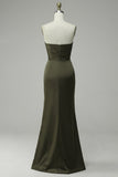 Olive Strapless Satin Ball Dress with Slit