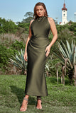 Sheath Cowl Neck Olive Tea Length Plus Size Ball Dress with Open Back