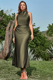 Sheath Cowl Neck Olive Tea Length Plus Size Ball Dress with Open Back