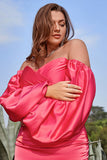 Sheath Off the Shoulder Fuchsia Plus Size Ball Dress with Long Sleeves