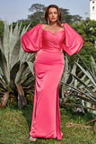 Sheath Off the Shoulder Fuchsia Plus Size Ball Dress with Long Sleeves
