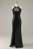 Sheath Halter Black Sequins Plus Size Ball Dress with Open Back