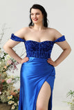 Sheath Off the Shoulder Royal Blue Plus Size Ball Dress with Split Front