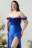 Sheath Off the Shoulder Royal Blue Plus Size Ball Dress with Split Front