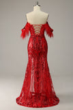 Mermaid Off the Shoulder Burgundy Plus Size Ball Dress with Feathers