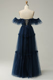 A-Line Off the Shoulder Sweetheart Tulle Navy Long Ball Dress