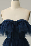 A-Line Off the Shoulder Sweetheart Tulle Navy Long Ball Dress
