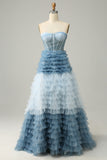 A Line Sweetheart Grey Blue Long Ball Dress with Ruffles