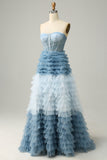 A Line Sweetheart Grey Blue Long Ball Dress with Ruffles