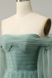 Off The Shoulder Grey Green A-Line Tull Ball Dress With Long Sleeves
