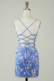 Sheath V Neck Blue Short Homecoming Dress with Appliques Criss Cross Back