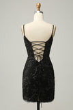 Sparkly Black Corset Sequins Tight Cocktail Dress with Lace