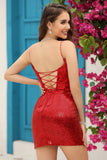 Sparkly Red Corset Sequins Tight Cocktail Dress with Lace