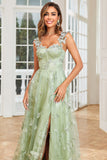 A Line Green Corset Long Tulle Ball Dress with 3D Butterflies Split Front