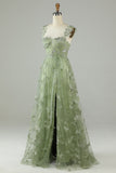 Green Corset Long Tulle Ball Dress with 3D Butterflies