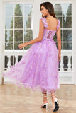 Unique A Line Purple Corset Ball Dress with Butterflies Appliques