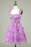 Cute A Line Sweetheart Purple Corset Cocktail Dress with Appliques