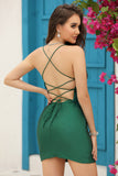 Sparkly Dark Green Beaded Tight Cocktail Dress with Lace