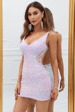 Sparkly Lilac Open Back Sequins Tight Short Cocktail Dress