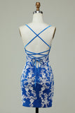 Spaghetti Straps Blue Sheath Short Ball Dress With Appliques