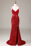 Glitter Mirror Sequins Red Corset Ball Dress with Slit