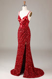 Glitter Mirror Sequins Red Corset Ball Dress with Slit