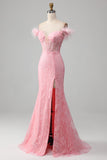 Mermaid Off the Shoulder Sparkly Pink Feathers Corset Ball Dress With Slit
