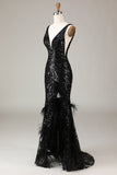 Black Sparkly Deep V-neck Mermaid Ball Dress with Feathers