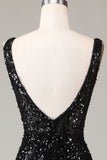 Black Sparkly Deep V-neck Mermaid Ball Dress with Feathers